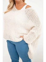 Dámský svetr oversized se vzorem a výstřihem do V a delším zadním dílem béžový Dámský svetr oversized se vzorem a výstřihem do V a delším zadním dílem béžový