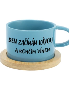 DEN ZAČÍNÁM KÁVOU A KONČÍM VÍNEM - modrý hrníček makronka 200 ml