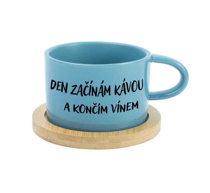 DEN ZAČÍNÁM KÁVOU A KONČÍM VÍNEM - modrý hrníček makronka 200 ml DEN ZAČÍNÁM KÁVOU A KONČÍM VÍNEM - modrý hrníček makronka 200 ml