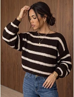Dámský oversize svetr s pruhy a nastavitelným pasem, hnědý, FashionStreet MY2613