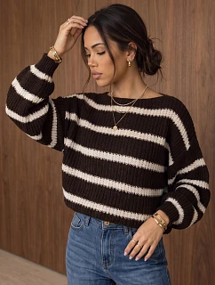 Dámský oversize svetr s pruhy a nastavitelným pasem, hnědý, FashionStreet MY2613