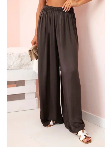 Široké dámské kalhoty s elastickým pasem hnědý