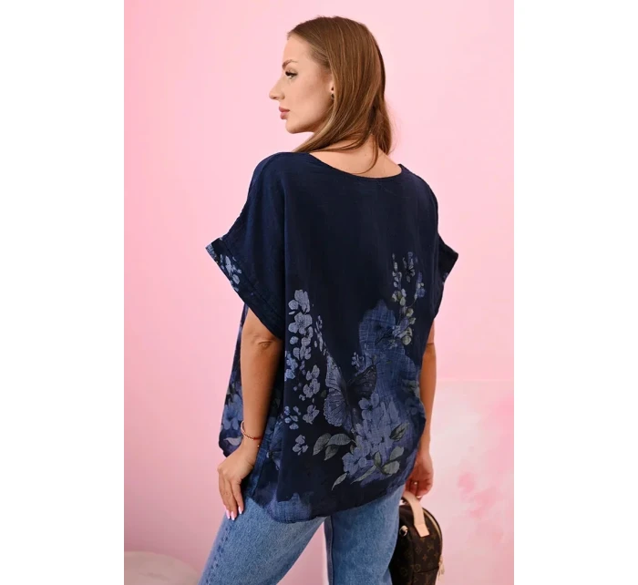 Dámská bavlněná košile s motýly a květinami námořnická modř