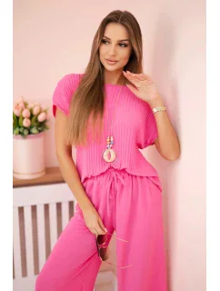 Viskózový komplet plisovaná halenka + kalhoty růžový