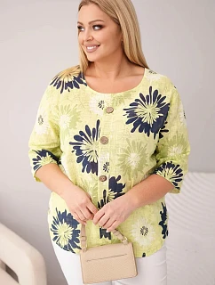 Dámská bavlněná halenka Plus Size s krátkým rukávem a knoflíky světle zelená