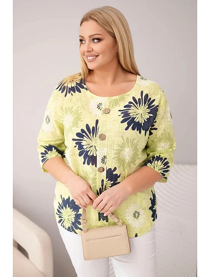 Dámská bavlněná halenka Plus Size s krátkým rukávem a knoflíky světle zelená