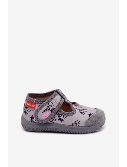 Dětské pantofle Milami elastické na suchý zip jednorožec šedé Ambette Dětské pantofle Milami elastické na suchý zip jednorožec šedé Ambette