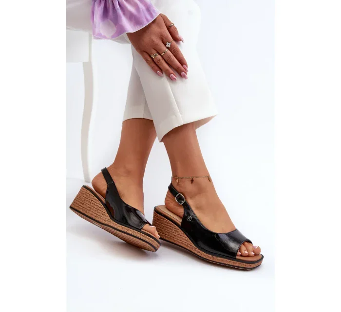 Dámské patentované sandály na klínku Sergio Leone Black Dámské patentované sandály na klínku Sergio Leone Black