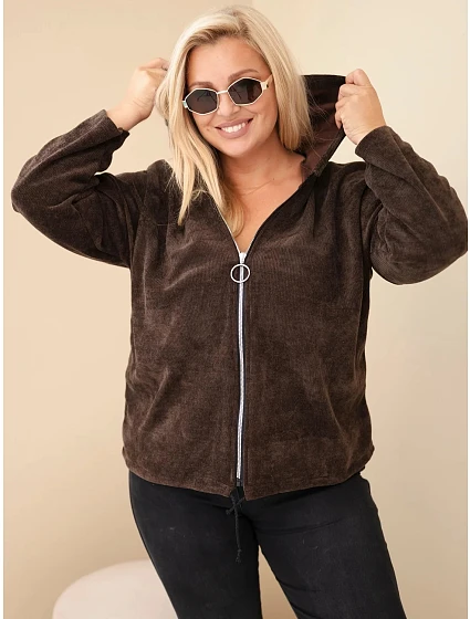 Dámská plus size manšestrová mikina s kapucí a zipem oversize hnědá Dámská plus size manšestrová mikina s kapucí a zipem oversize hnědá