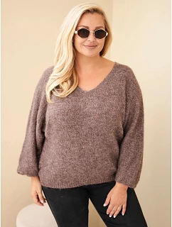 Dámský svetr Plus Size s výstřihem do V a širokým rukávem mocca