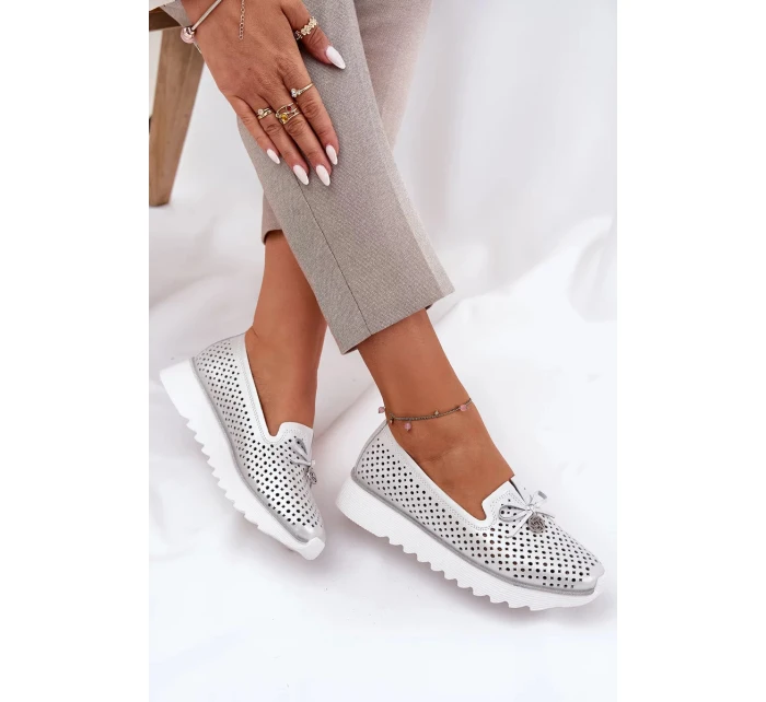 Dámské ažurové polobotky z přírodní kůže – stříbrné