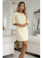 Dámské trapézové šaty s vázáním na rukávech pastelově žluté model 22022940 - numoco