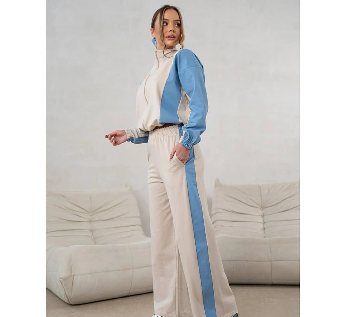 Tepláková souprava mikina na zip + široké kalhoty béžovo-modrá (821151)