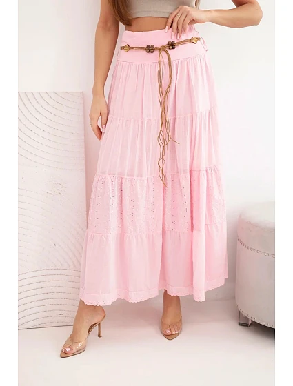 Dámská maxi bavlněná sukně s model 22048771 výšivkou a elastickým pasem cukrově růžová - K-Fashion Dámská maxi bavlněná sukně s model 22048771 výšivkou a elastickým pasem cukrově růžová - K-Fashion