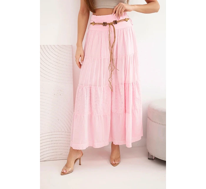 Dámská maxi bavlněná sukně s model 22048771 výšivkou a elastickým pasem cukrově růžová - K-Fashion Dámská maxi bavlněná sukně s model 22048771 výšivkou a elastickým pasem cukrově růžová - K-Fashion