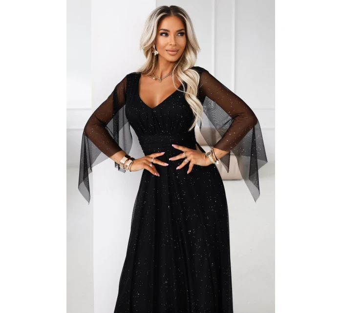 655-1 Dlouhé lehké třpytivé šaty s výstřihem a průhlednými rukávy - černé 655-1 Dlouhé lehké třpytivé šaty s výstřihem a průhlednými rukávy - černé