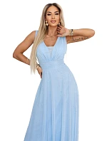 637-6 Wieczorowa długa sukienka z brokatowym akcentem i głębokim dekoltem - błękitna 637-6 Wieczorowa długa sukienka z brokatowym akcentem i głębokim dekoltem - błękitna