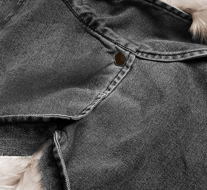 Černo/béžová dámská džínová bunda s kožešinovým límcem (BR9585-1046)