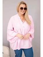 Dámská viskózová halenka Plus Size s volánovým rukávem a výstřihem do V cukrově růžová