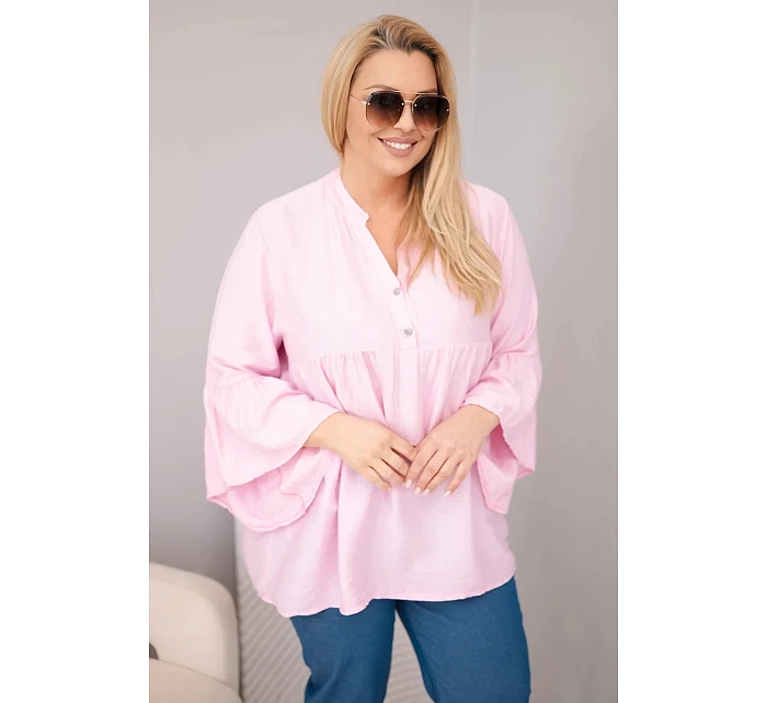 Dámská viskózová halenka Plus Size s volánovým rukávem a výstřihem do V cukrově růžová