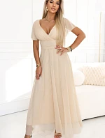 635-9 MELANIA dlouhé třpytivé svatební šaty s výstřihem a krátkými rukávy - béžové