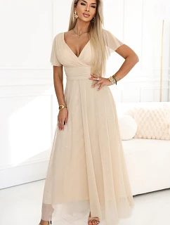 635-9 MELANIA dlouhé třpytivé svatební šaty s výstřihem a krátkými rukávy - béžové
