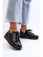 Šněrovací dámské polobotky na platformě z přírodní kůže model 21660188 Černé - S.Barski Šněrovací dámské polobotky na platformě z přírodní kůže model 21660188 Černé - S.Barski