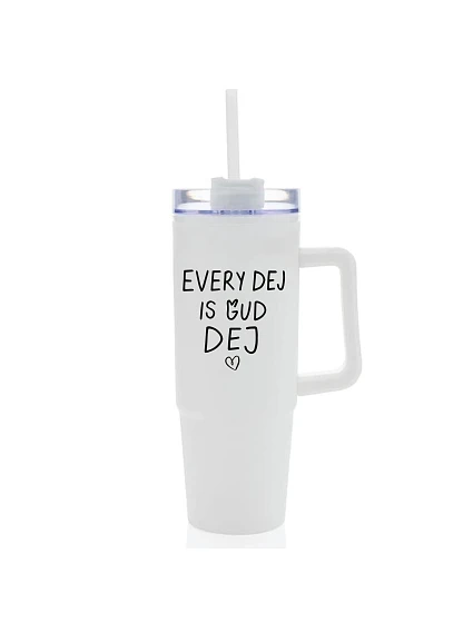 EVERY DEJ IS GUD DEJ - bílý cestovní hrnek s průhledným víčkem 900 ml