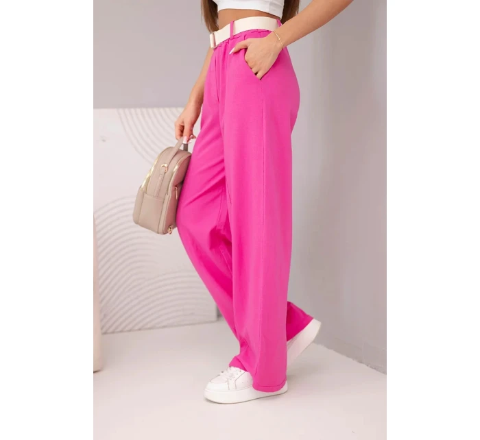 Dámské bavlněné kalhoty se širokými nohavicemi a pásem růžové Dámské bavlněné kalhoty se širokými nohavicemi a pásem růžové