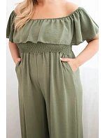Dámský overal Plus Size s volánem a krátkým rukávem khaki