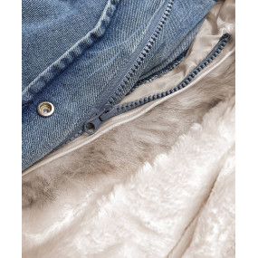 Světle modro/béžová dámská džínová bunda s kožešinovým límcem (BR9585-50046)