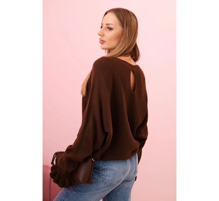 Svetr dámský z mohéru s nařasenými rukávy a výstřihem na zádech hnědý Svetr dámský z mohéru s nařasenými rukávy a výstřihem na zádech hnědý