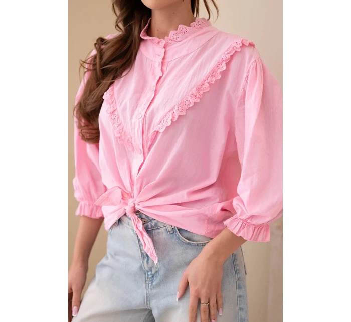 Dámská bavlněná košile s krajkou a vázáním světle růžová Dámská bavlněná košile s krajkou a vázáním světle růžová