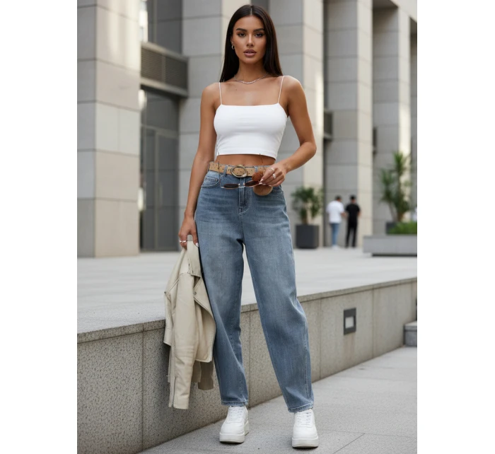 Dámské džíny balonového střihu s páskem a visačkou modré FashionStreet UY2915