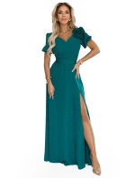 Elegantní dlouhé šaty s páskem a vysokým rozparkem lahvově zelené model 21779075 - numoco Elegantní dlouhé šaty s páskem a vysokým rozparkem lahvově zelené model 21779075 - numoco