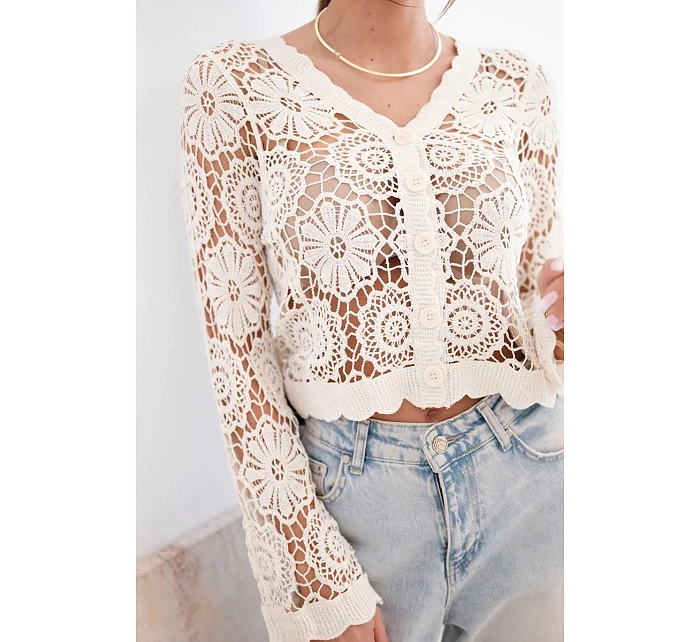 Dámský letní krajkový svetr s knoflíky a dlouhým rukávem černý