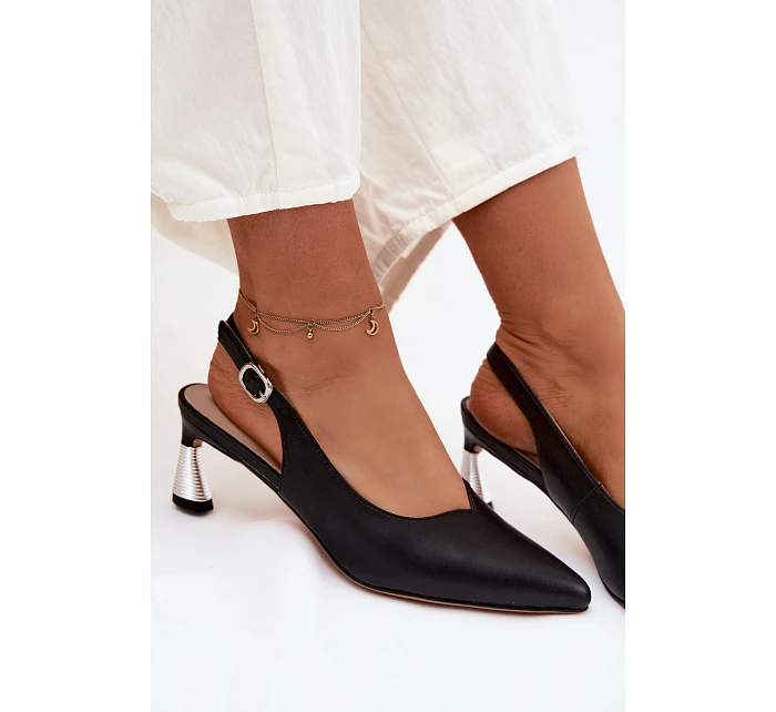 Kožené dámské sandály na podpatku model 22122620 Černé - VINCEZA