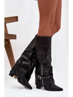 Dámské kozačky nad koleno na sloupkovém podpatku s ozdobným páskem Jolivine – černé