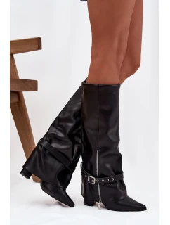 Dámské kozačky nad koleno na sloupkovém podpatku s ozdobným páskem Jolivine – černé