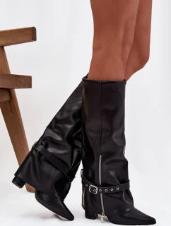 Dámské kozačky nad koleno na sloupkovém podpatku s ozdobným páskem Jolivine – černé