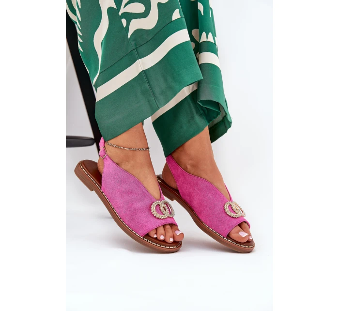 Dámské Sandály S Dekorací Na Plochém Podpatku Eko Sametové Růžové model 21685735 - Boto