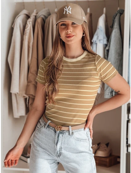 LINESS dámské pruhované basic tričko camel FashionStreet RY2819 LINESS dámské pruhované basic tričko camel FashionStreet RY2819