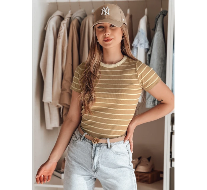 LINESS dámské pruhované basic tričko camel FashionStreet RY2819 LINESS dámské pruhované basic tričko camel FashionStreet RY2819
