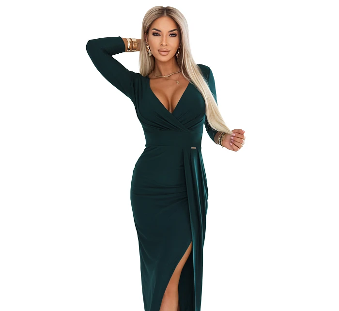 model 22112277 Elegantní dlouhé šaty s obálkovým výstřihem a rozparkem lahvově zelené - numoco