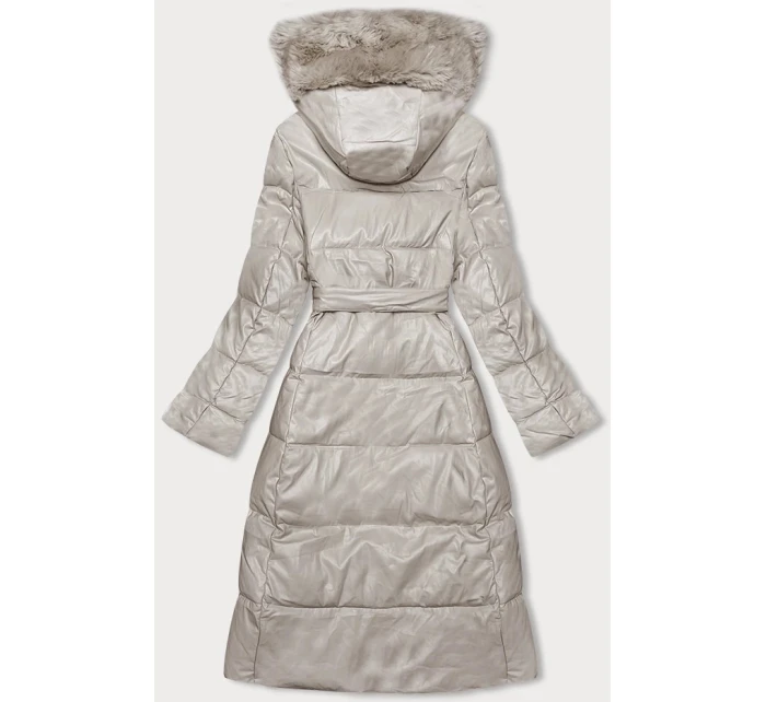 Péřový kabát z eko kůže v barvě ecru s kožešinou Ann Gissy (AG9-9003)