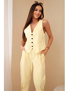 Dámský elegantní komplet s model 22104011 na knoflíky a kalhotami žlutý - K-Fashion