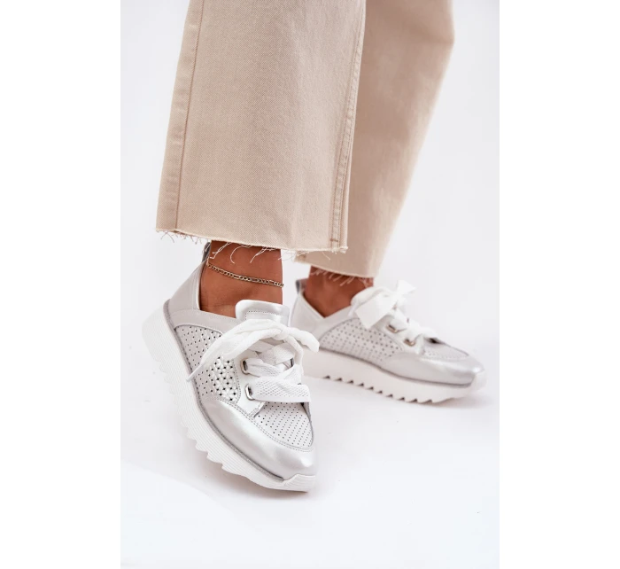 Dámské Kožené Tenisky Na Platformě D&A model 21695796 Stříbrné - S.Barski Dámské Kožené Tenisky Na Platformě D&A model 21695796 Stříbrné - S.Barski