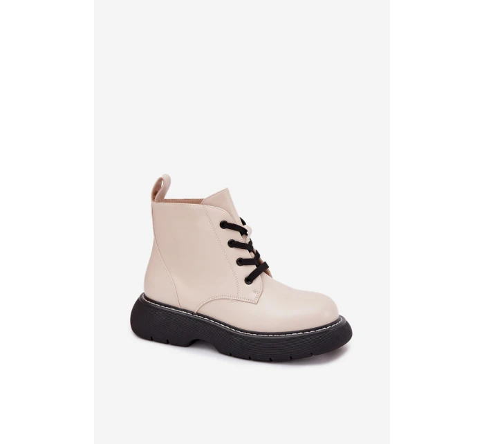 Zateplené dámské kotníkové boty na platformě na šněrování světlé béžové model 21710996 - Boto