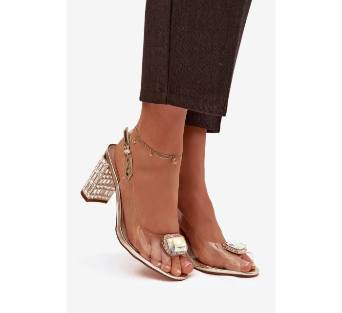 Průhledné sandály na sloupku s krystaly D&A MR52-239 zlaté