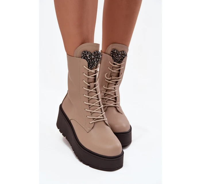 Dámské kožené botky Ulrika s ozdobou a zateplením – béžové
